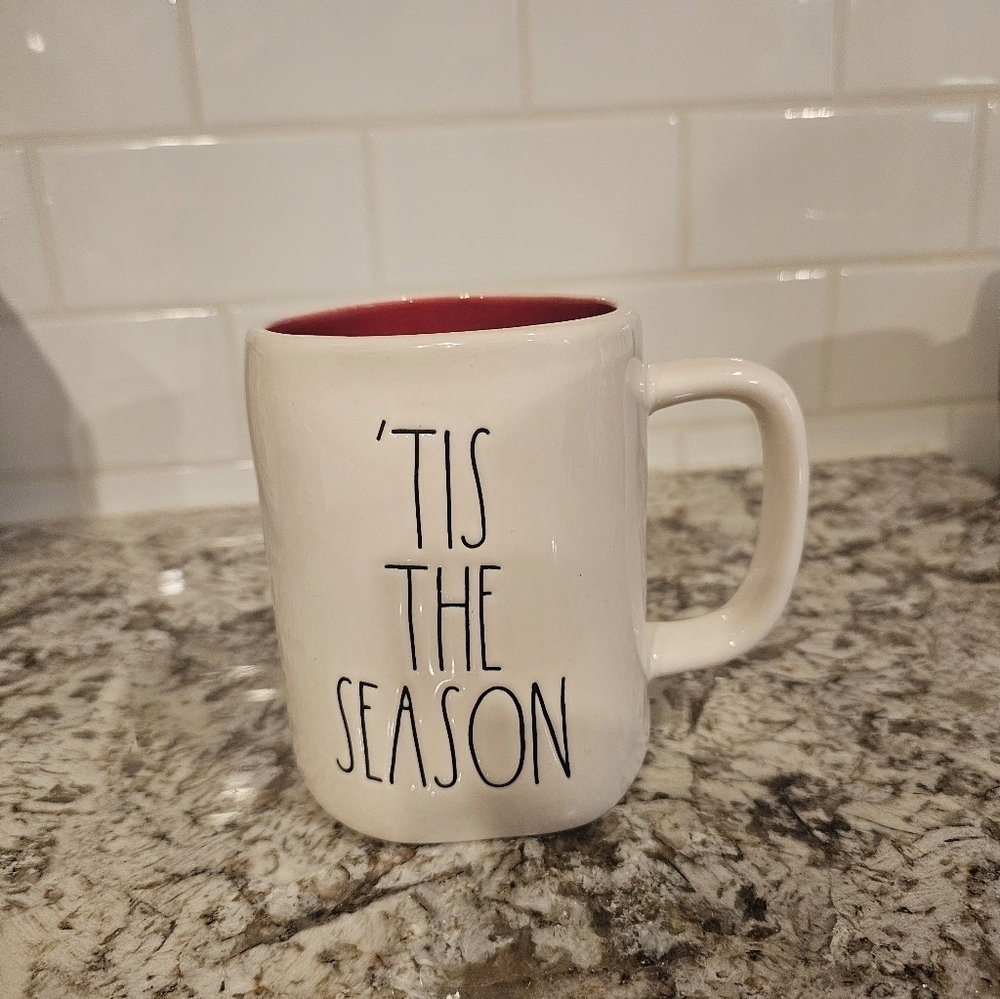 Rae Dunn "TIS THE SEASON" Mug Artisan Collection By Magenta White Red Inside EUC